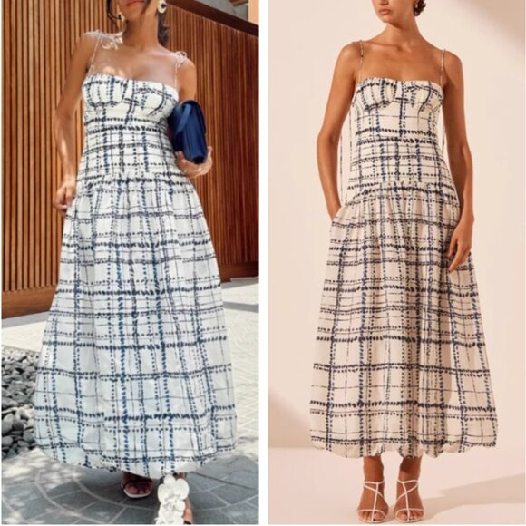BEST Shona Joy Niko Gathered Bubble Midi Dress Linen Vacation Causal Cocktail - Picture 1 of 10